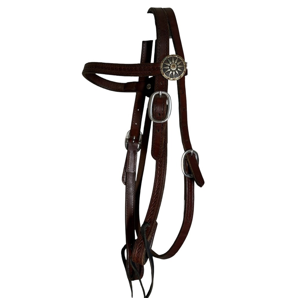 Circle Y Western Horse Headstall Mahogany Leather Basketweave Sunburst Conchos